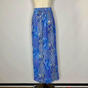 Orvis Skirt Womens L Blue Crepe Floral Pockets Midi Max Elastic Waist